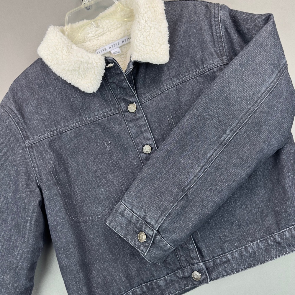 HYFVE Denim Trucker Jacket Women L Grey Excellent Faux Shearling H17H178 Boho